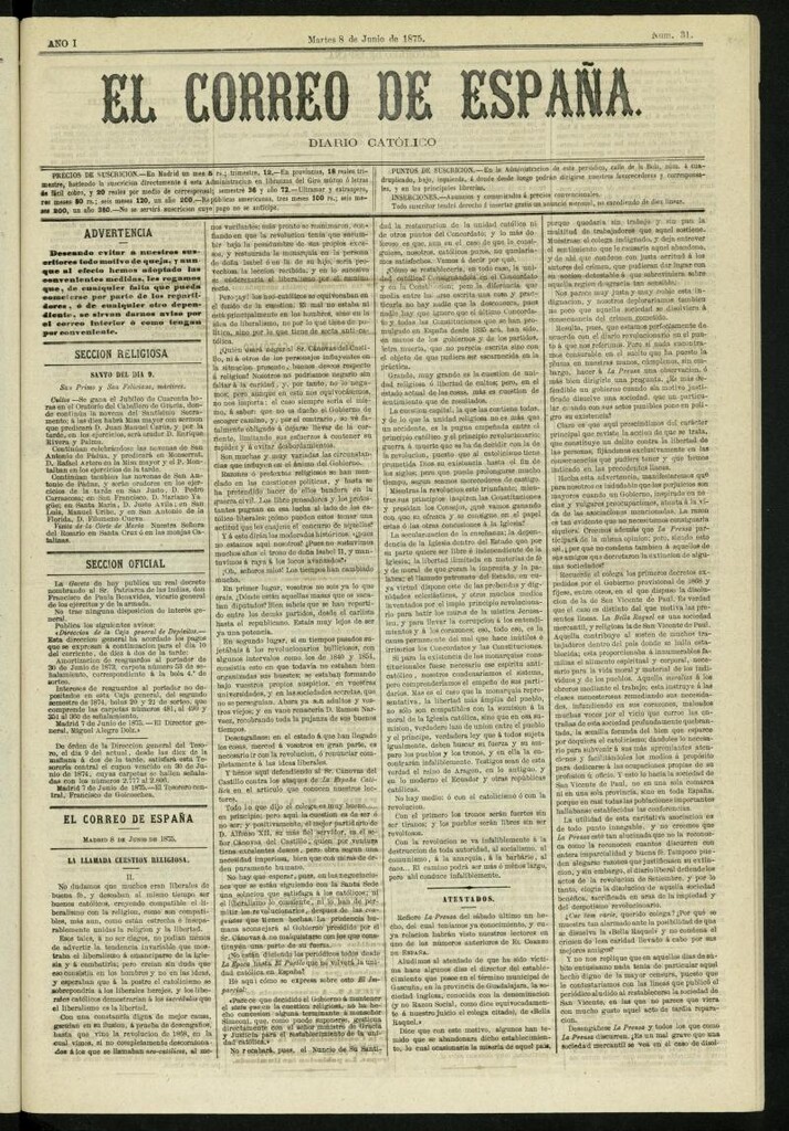 Miniatura de El Correo de España : diario católico del 8 de junio de 1875, nº 31