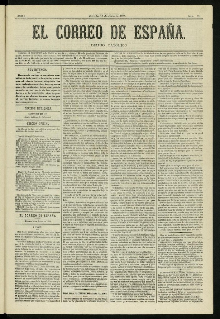 Miniatura de El Correo de España : diario católico del 16 de junio de 1875, nº 38