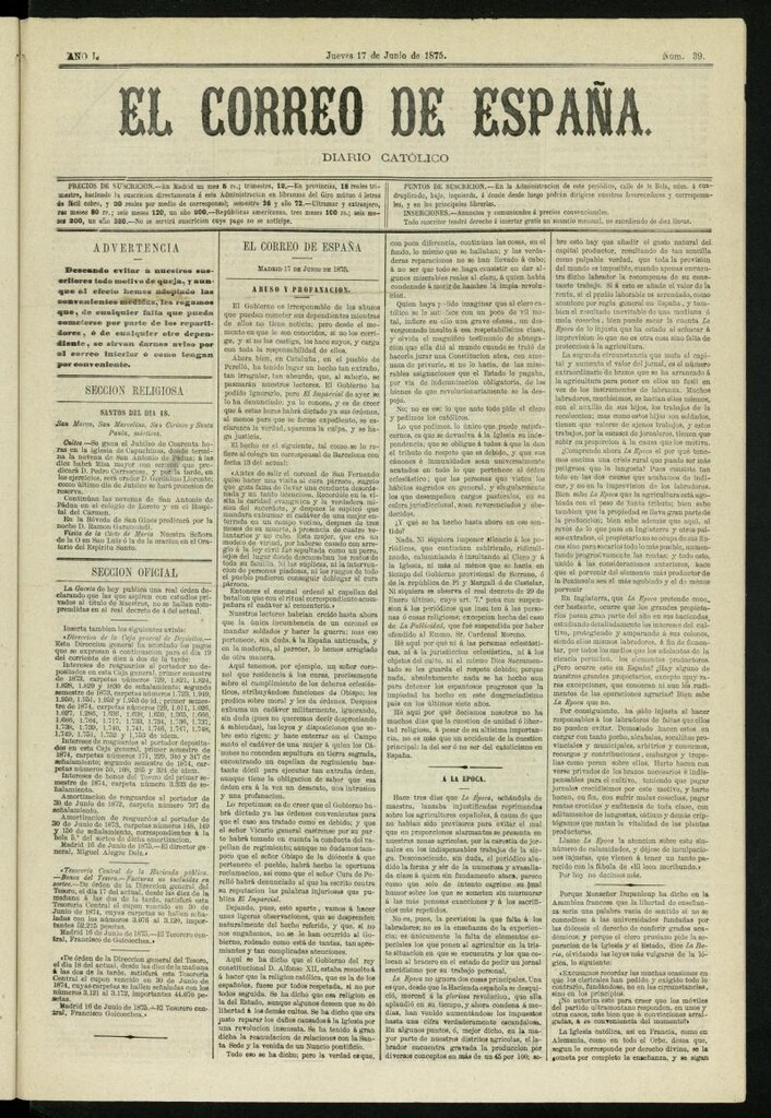 Miniatura de El Correo de España : diario católico del 17 de junio de 1875, nº 39