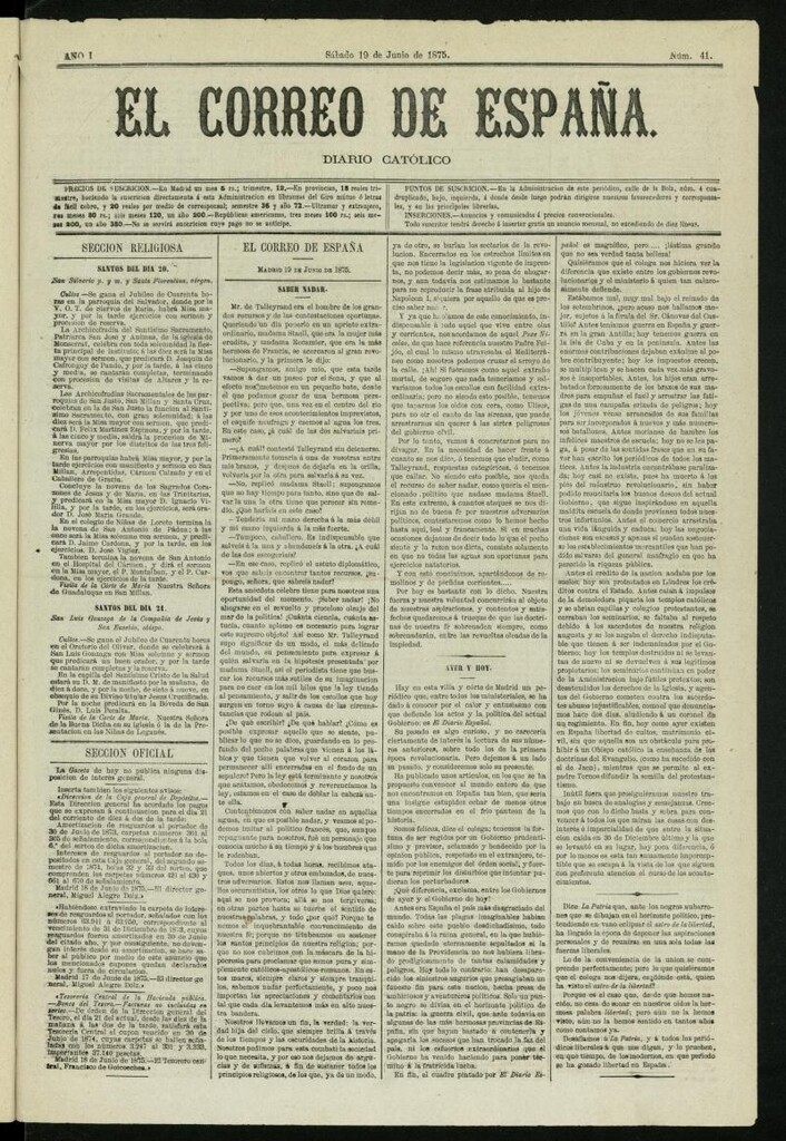 Miniatura de El Correo de España : diario católico del 19 de junio de 1875, nº 41
