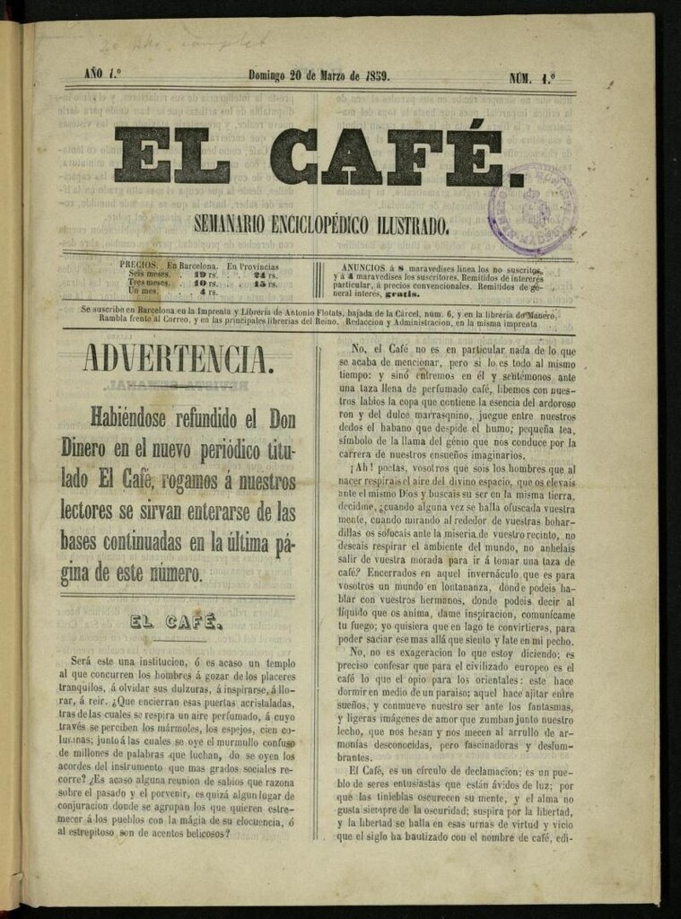 Miniatura de El Café : semanario enciclopédico ilustrado del 20 de marzo de 1859, nº 1