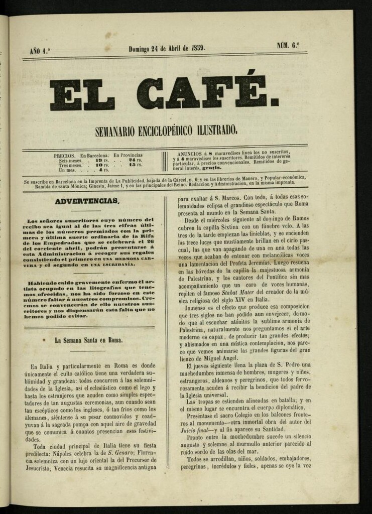 Miniatura de El Café : semanario enciclopédico ilustrado del 24 de abril de 1859, nº 6