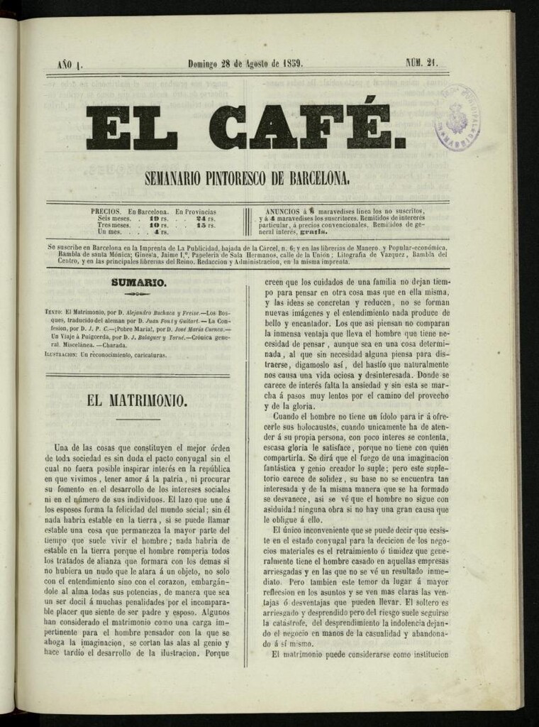 Miniatura de El Café : semanario enciclopédico ilustrado del 28 de agosto de 1859, nº 21