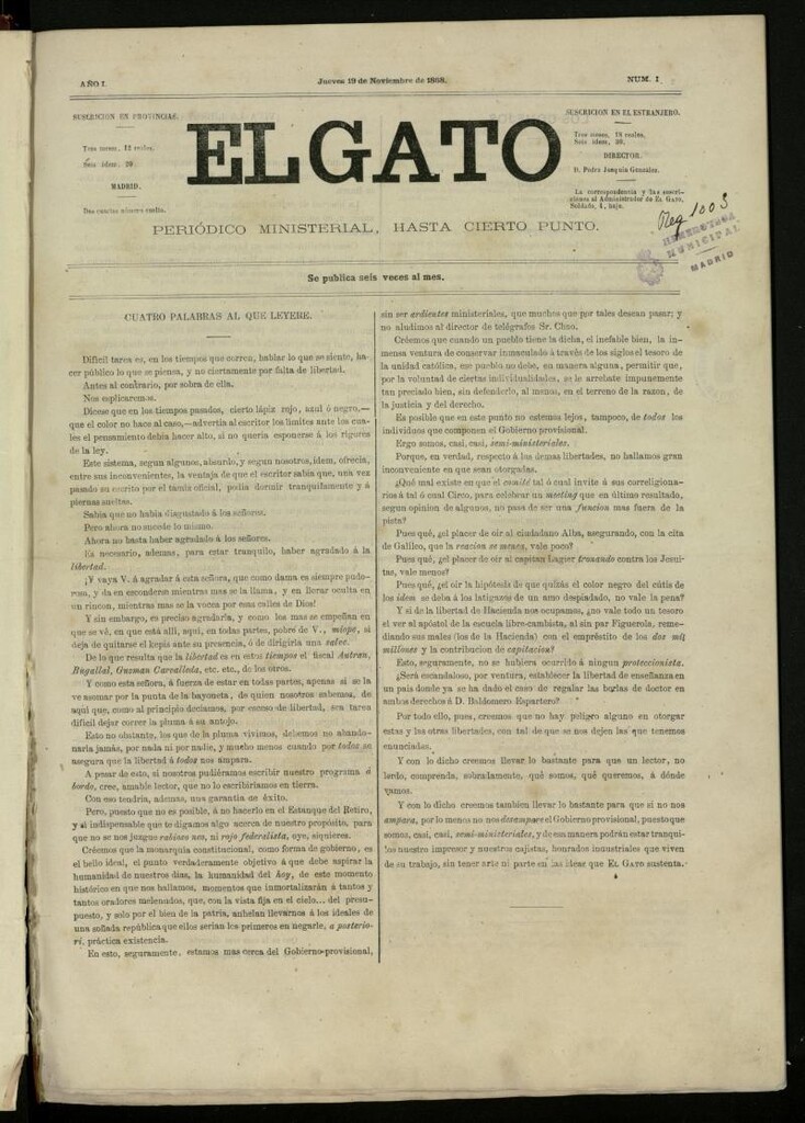 Miniatura de El Gato: periódico ministerial, hasta cierto punto del 19 de noviembre de 1868, nº 1