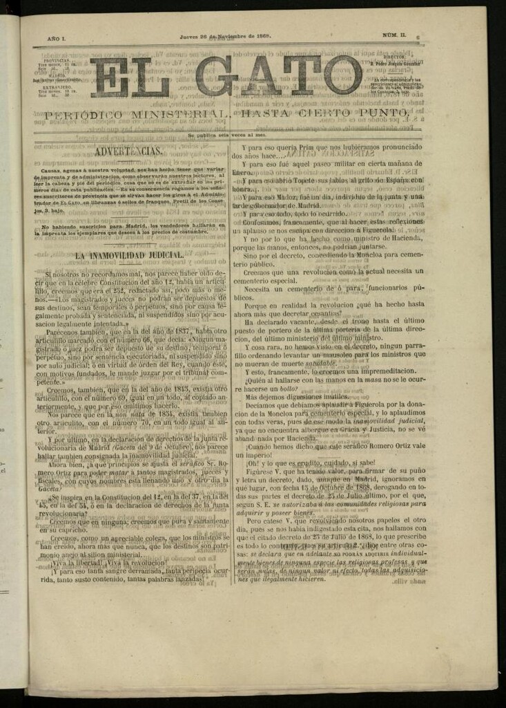 Miniatura de El Gato: periódico ministerial, hasta cierto punto del 26 de noviembre de 1868, nº 2