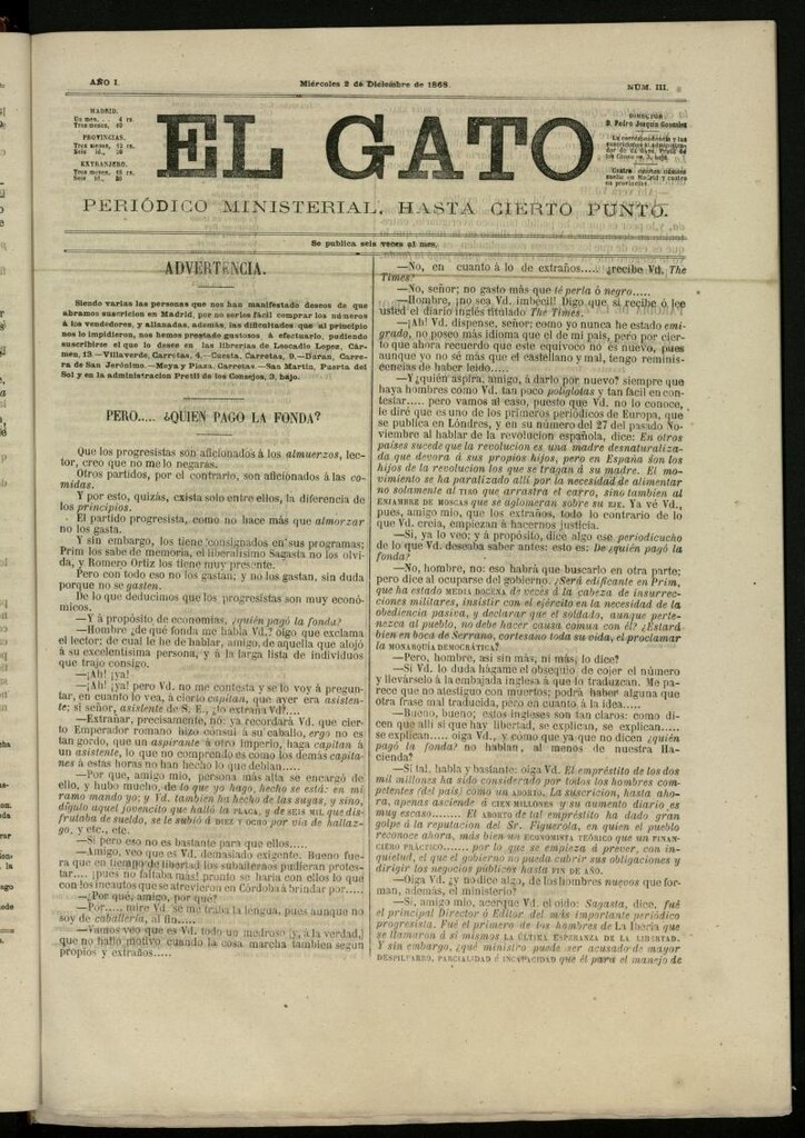 Miniatura de El Gato: periódico ministerial, hasta cierto punto del 2 de diciembre de 1868, nº 3