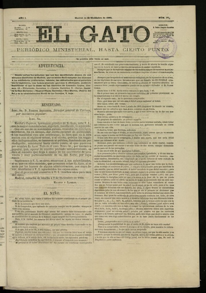 Miniatura de El Gato: periódico ministerial, hasta cierto punto del 11 de diciembre de 1868, nº 4