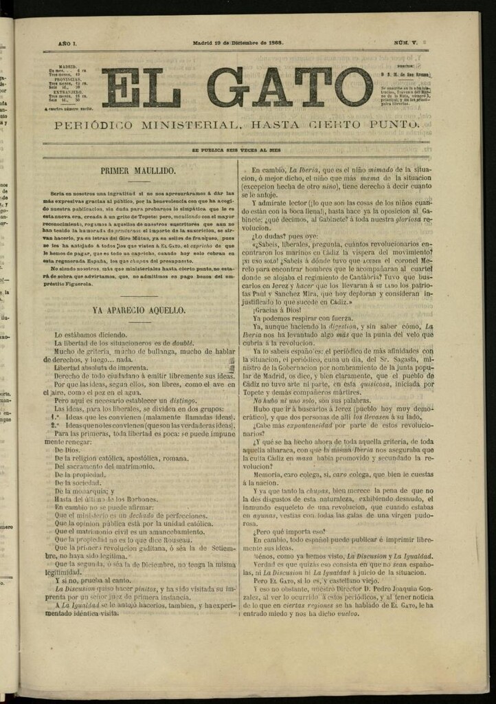 Miniatura de El Gato: periódico ministerial, hasta cierto punto del 19 de diciembre de 1868, nº 5