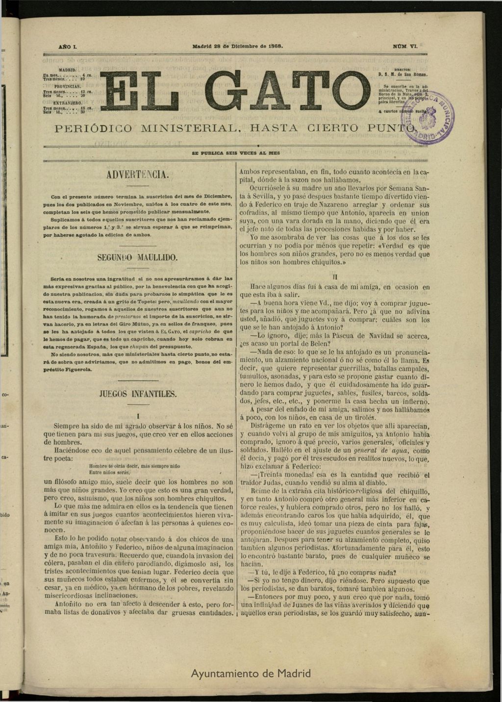 Miniatura de El Gato: periódico ministerial, hasta cierto punto del 28 de diciembre de 1868, nº 6