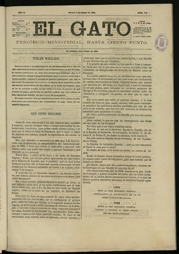 Miniatura de El Gato: periódico ministerial, hasta cierto punto del 6 de enero de 1869, nº 7