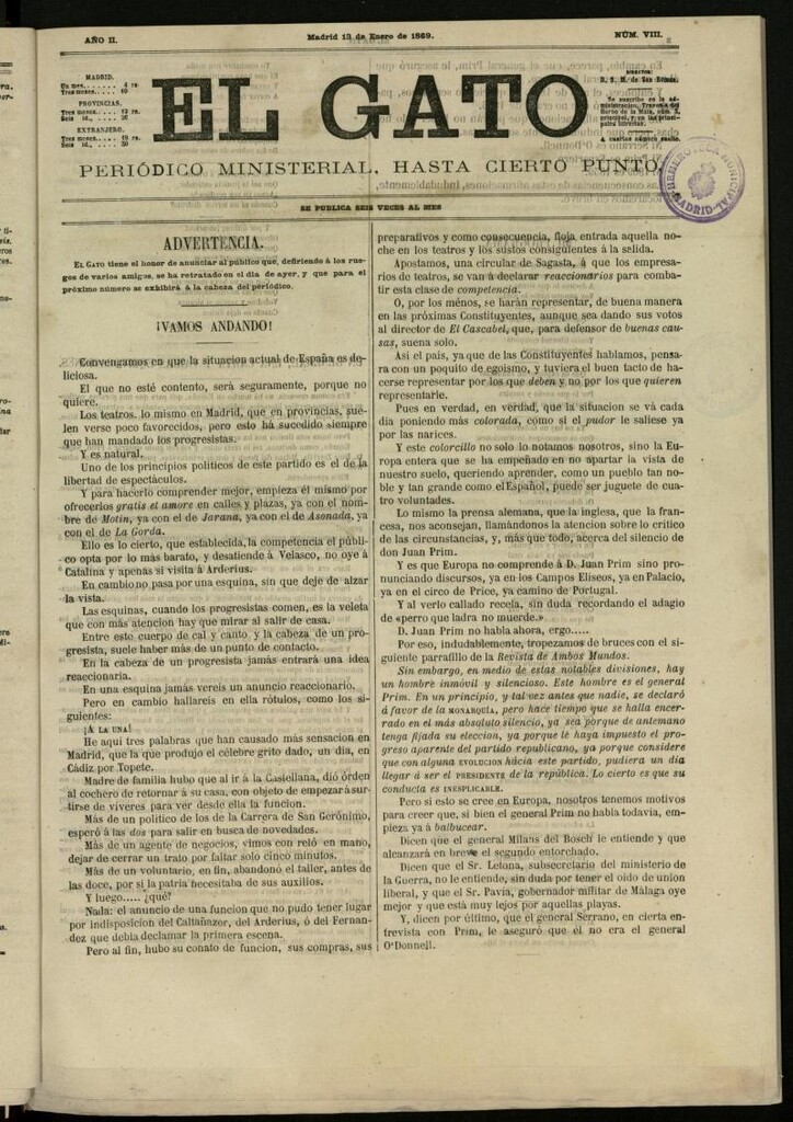Miniatura de El Gato: periódico ministerial, hasta cierto punto del 13 de enero de 1869, nº 8