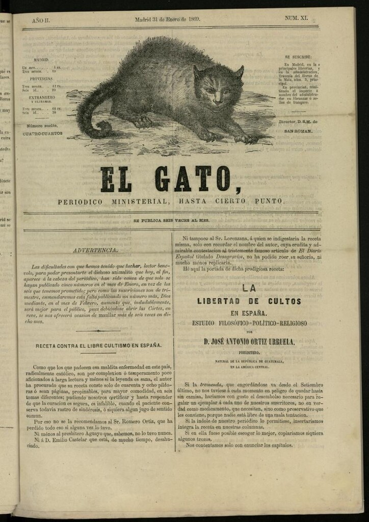 Miniatura de El Gato: periódico ministerial, hasta cierto punto del 31 de enero de 1869, nº 11