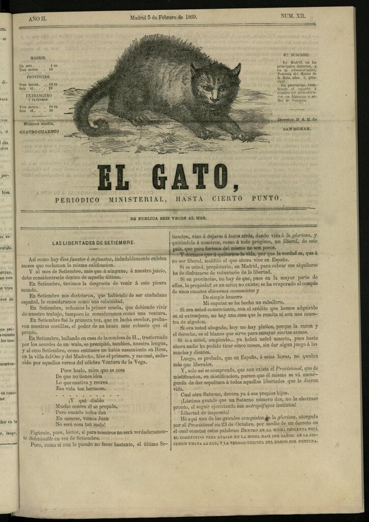 Miniatura de El Gato: periódico ministerial, hasta cierto punto del 5 de febrero de 1869, nº 12