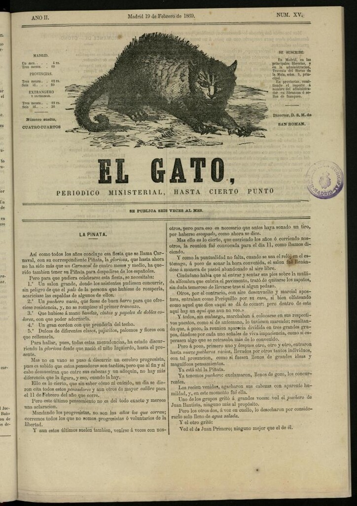 Miniatura de El Gato: periódico ministerial, hasta cierto punto, del 19 de febrero de 1869, nº 15