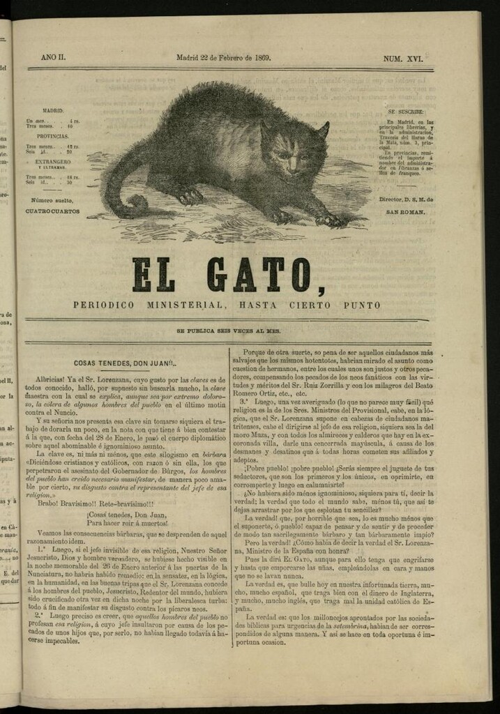Miniatura de El Gato: periódico ministerial, hasta cierto punto, del 22 de febrero de 1869, nº 16