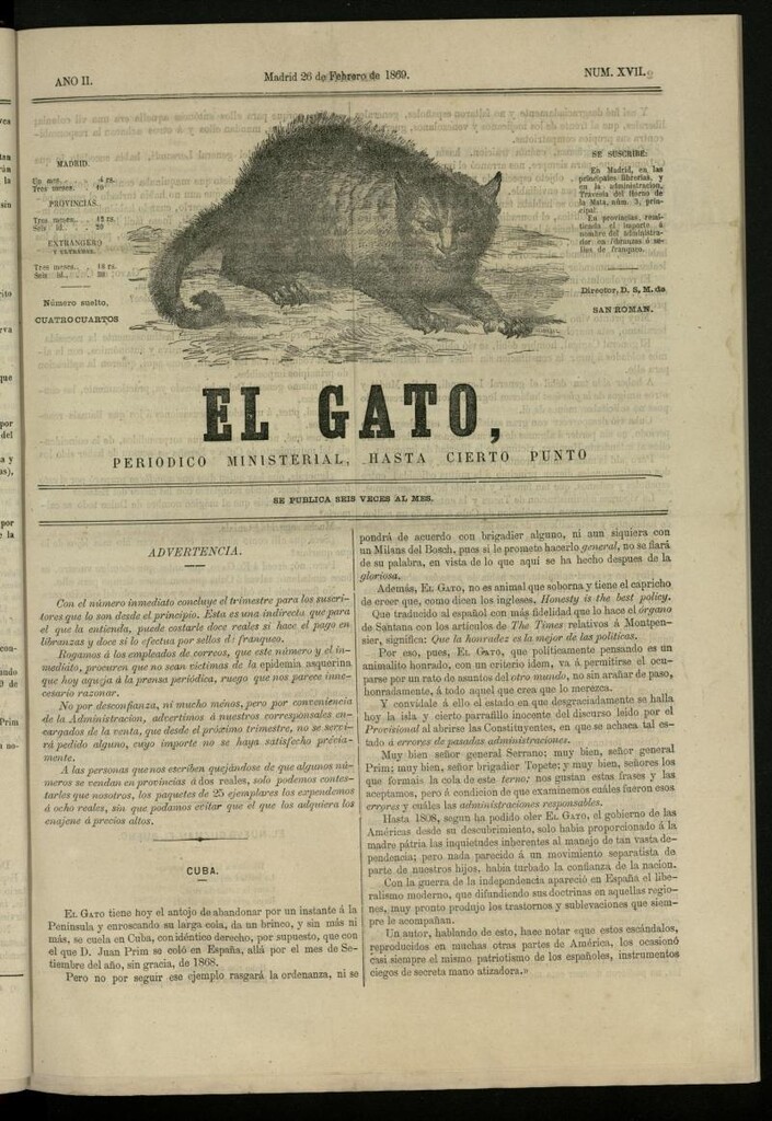 Miniatura de El Gato: periódico ministerial, hasta cierto punto, del 26 de febrero de 1869, nº 17