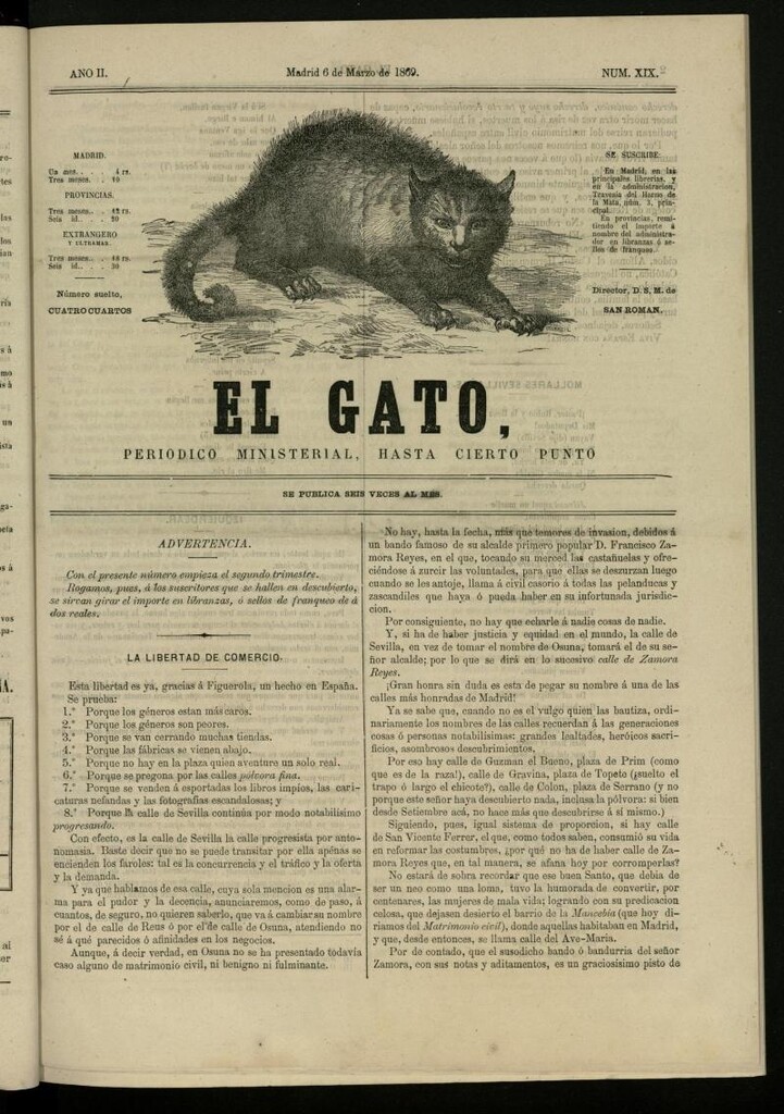 Miniatura de El Gato: periódico ministerial, hasta cierto punto, del 6 de marzo de 1869, nº 19