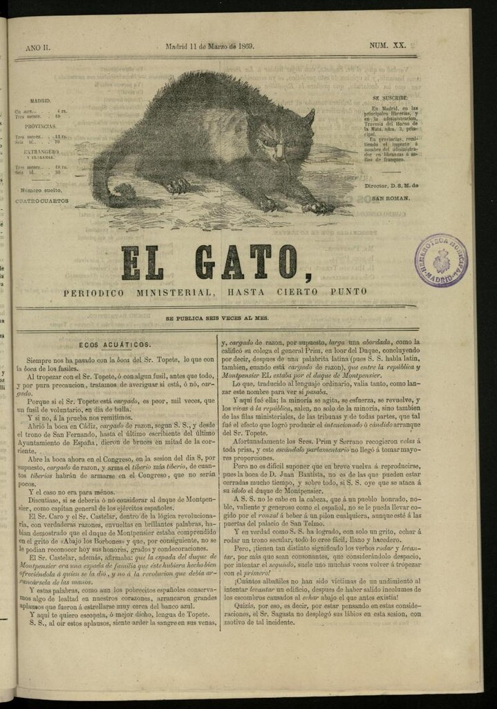 Miniatura de El Gato: periódico ministerial, hasta cierto punto, del 11 de marzo de 1869, nº 20
