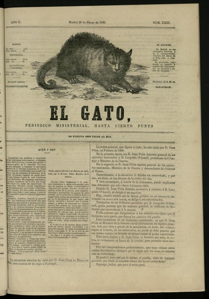Miniatura de El Gato: periódico ministerial, hasta cierto punto del 28 de marzo de 1869, nº 23