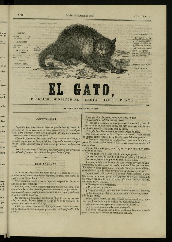 Miniatura de El Gato: periódico ministerial, hasta cierto punto, del 8 de abril de 1869, nº 25