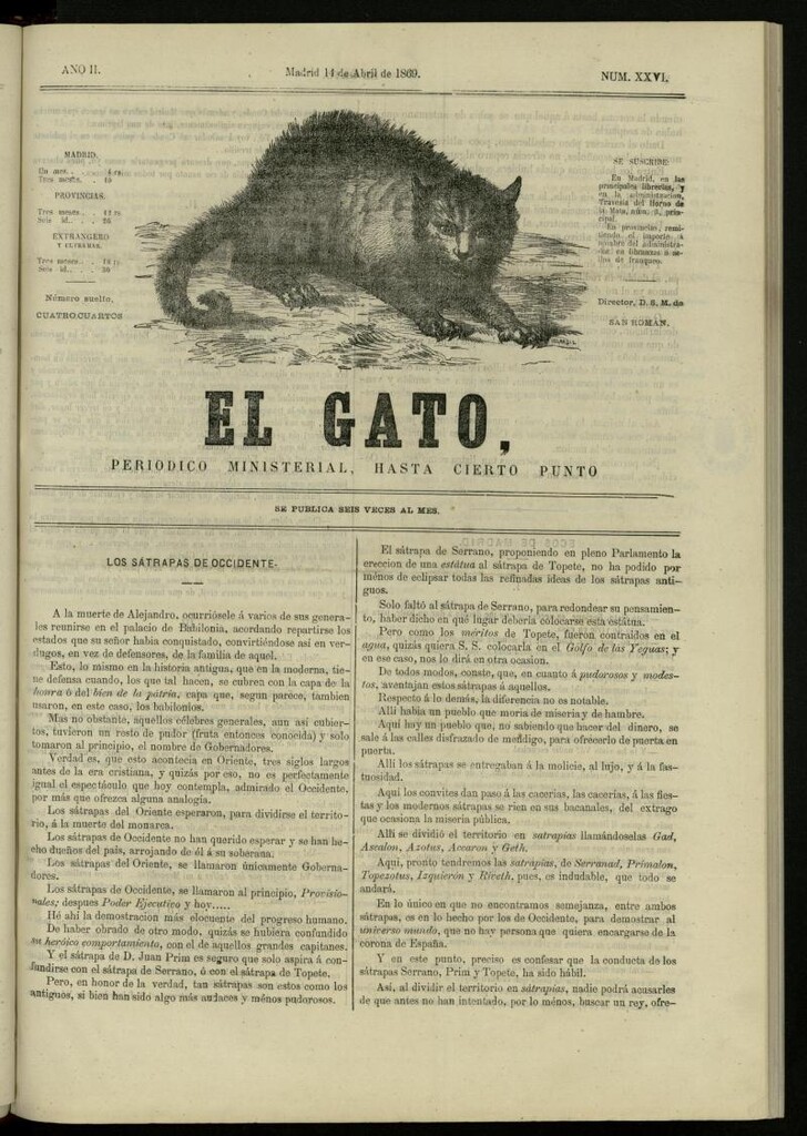 Miniatura de El Gato: periódico ministerial, hasta cierto punto, del 14 de abril de 1869, nº 26
