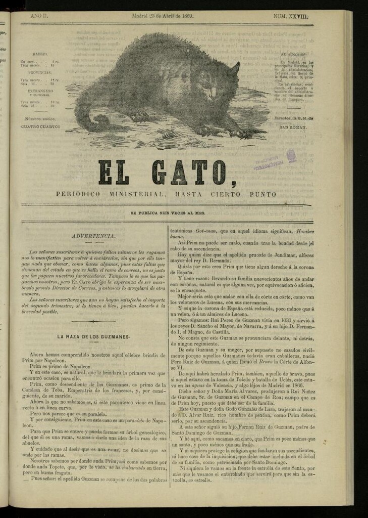 Miniatura de El Gato: periódico ministerial, hasta cierto punto, del 23 de abril de 1869, nº 28