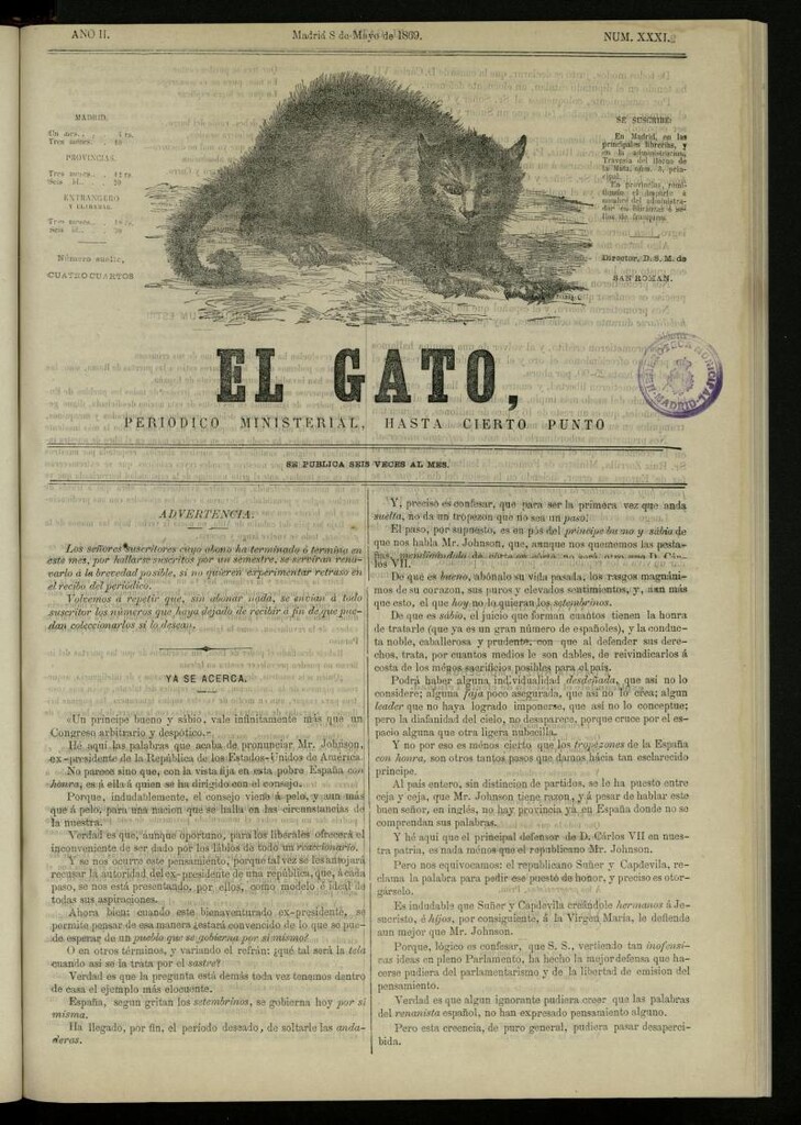 Miniatura de El Gato: periódico ministerial, hasta cierto punto, del 8 de mayo de 1869, nº 31