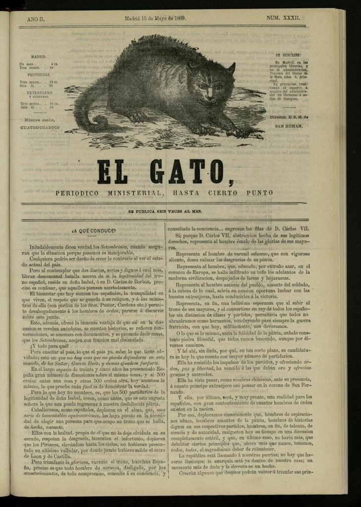 Miniatura de El Gato: periódico ministerial, hasta cierto punto, del 15 de mayo de 1869, nº 32