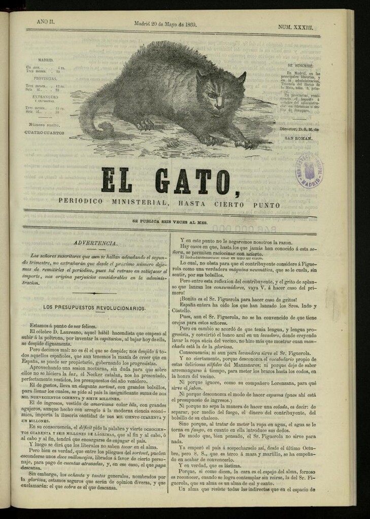 Miniatura de El Gato: periódico ministerial, hasta cierto punto, del 20 de mayo de 1869, nº 33