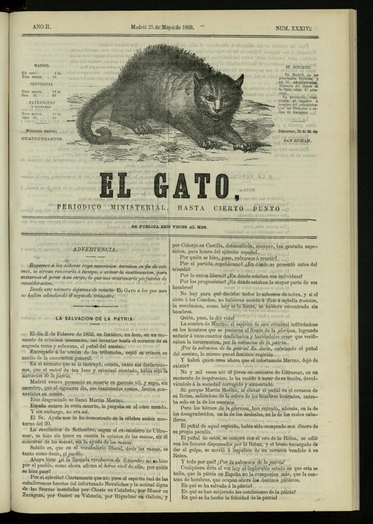 Miniatura de El Gato: periódico ministerial, hasta cierto punto, del 25 de mayo de 1869, nº 34