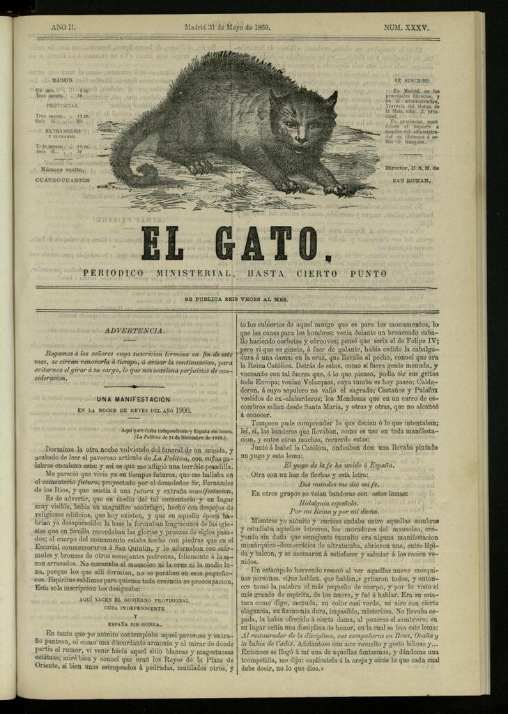 Miniatura de El Gato: periódico ministerial, hasta cierto punto, del 31 de mayo de 1869, nº 35