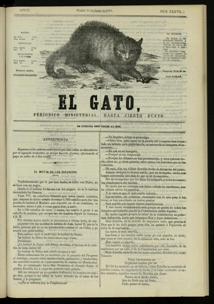 Miniatura de El Gato: periódico ministerial, hasta cierto punto, del 10 de junio de 1869, nº 37