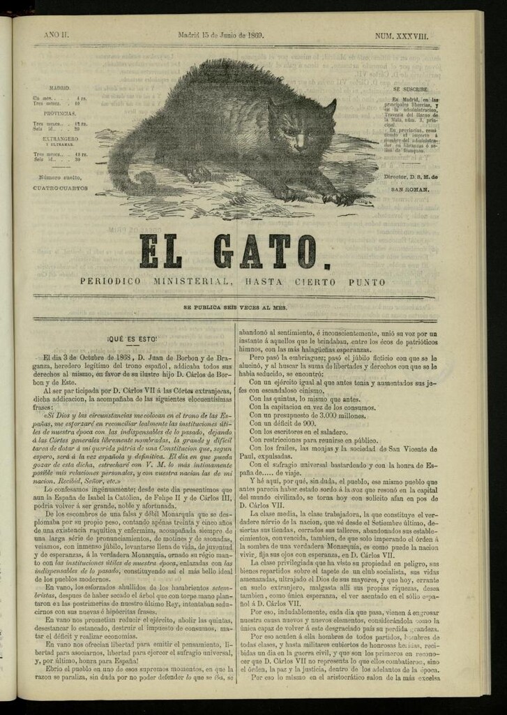 Miniatura de El Gato: periódico ministerial, hasta cierto punto, del 15 de junio de 1869, nº 38