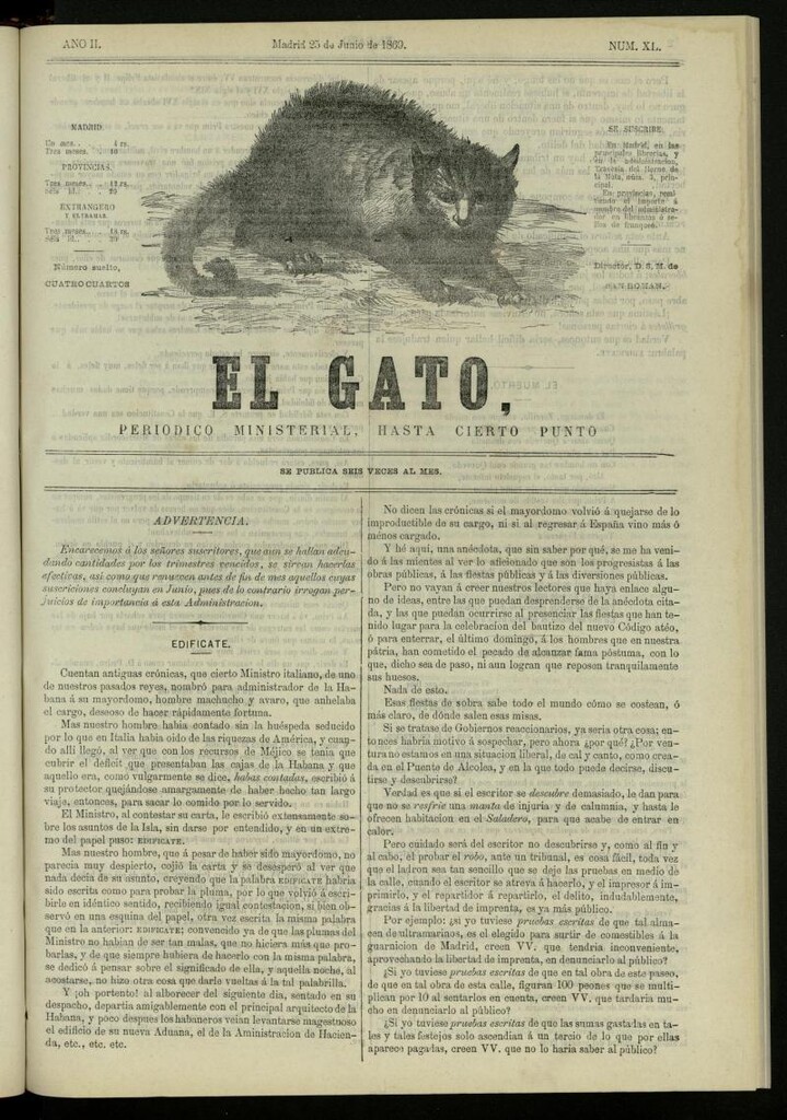 Miniatura de El Gato: periódico ministerial, hasta cierto punto del 25 de junio de 1869, nº 40
