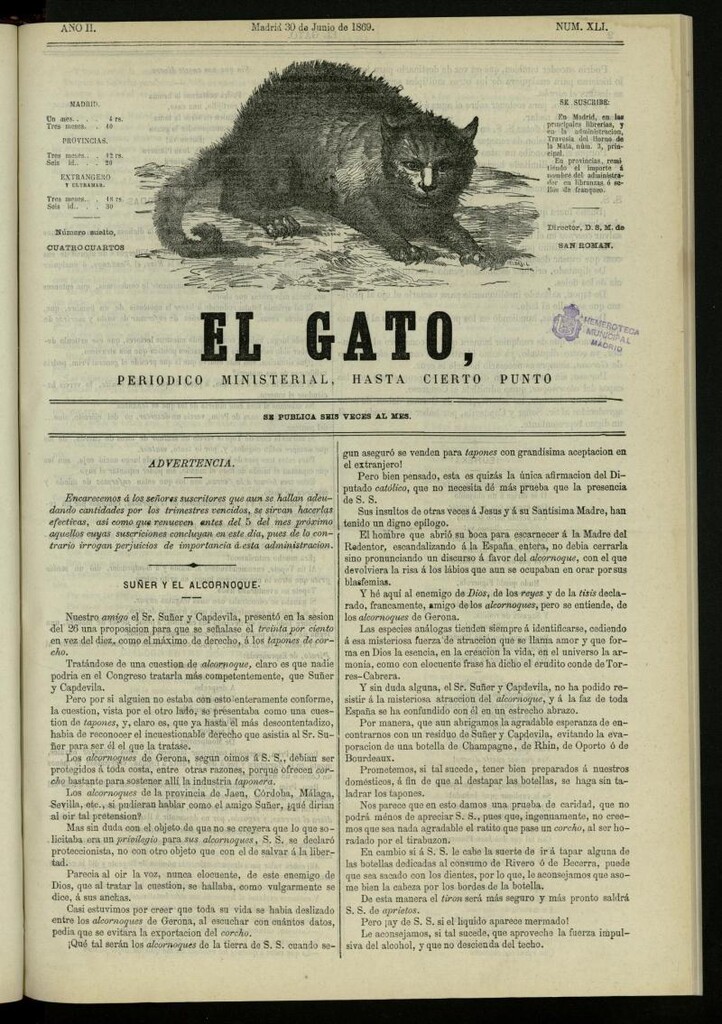 Miniatura de El Gato: periódico ministerial, hasta cierto punto, del 30 de junio de 1869, nº 41
