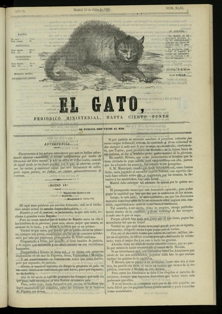 Miniatura de El Gato: periódico ministerial, hasta cierto punto, del 10 de julio de 1869, nº 43