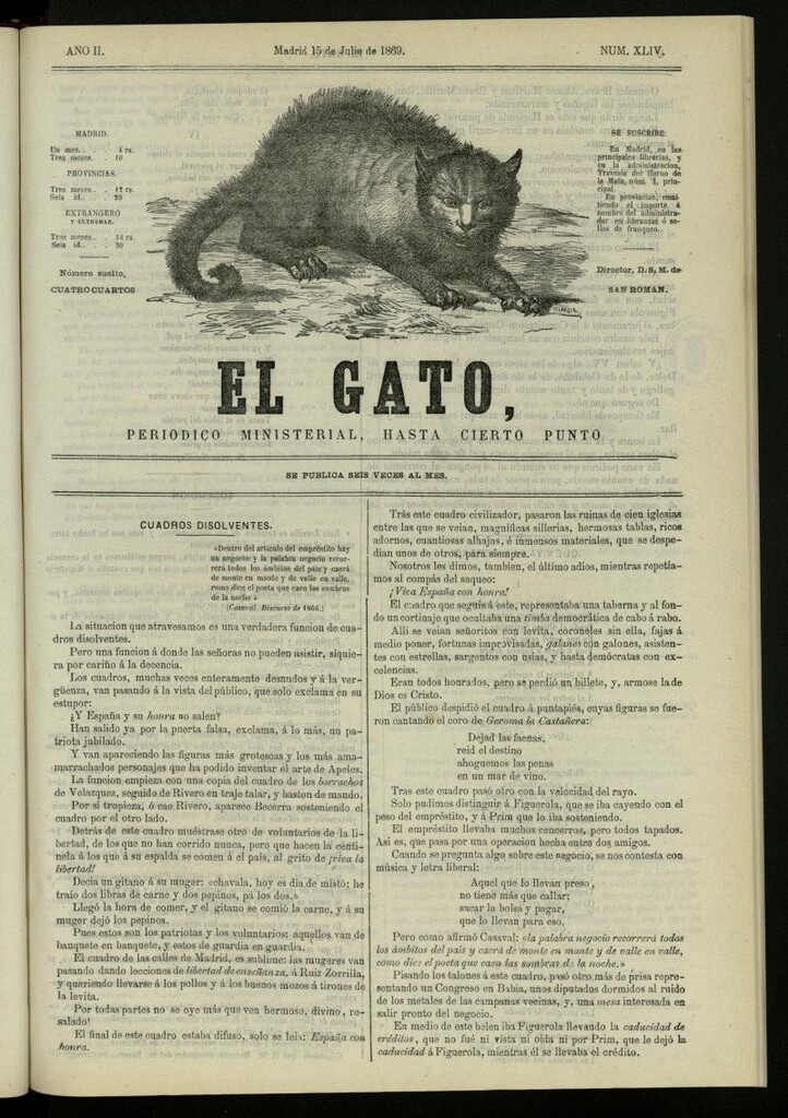 Miniatura de El Gato: periódico ministerial, hasta cierto punto, del 15 de julio de 1869, nº 44