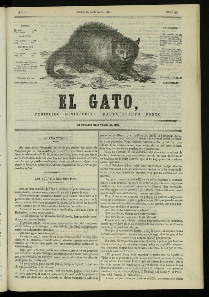 Miniatura de El Gato: periódico ministerial, hasta cierto punto, del 25 de julio de 1869, nº 46