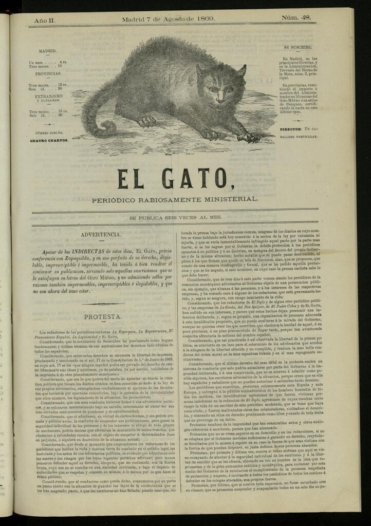 Miniatura de El Gato: periódico ministerial, hasta cierto punto, del 7 de agosto de 1869, nº 48