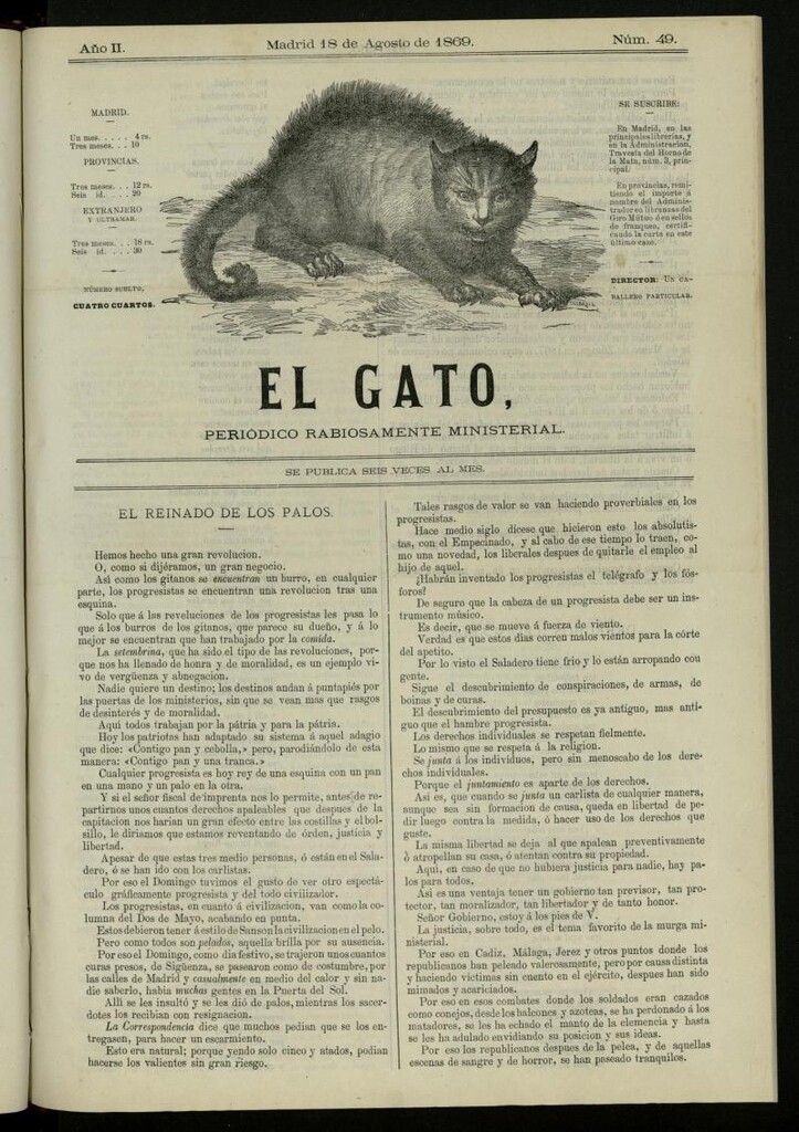 Miniatura de El Gato: periódico ministerial, hasta cierto punto, del 18 de agosto de 1869, nº 49