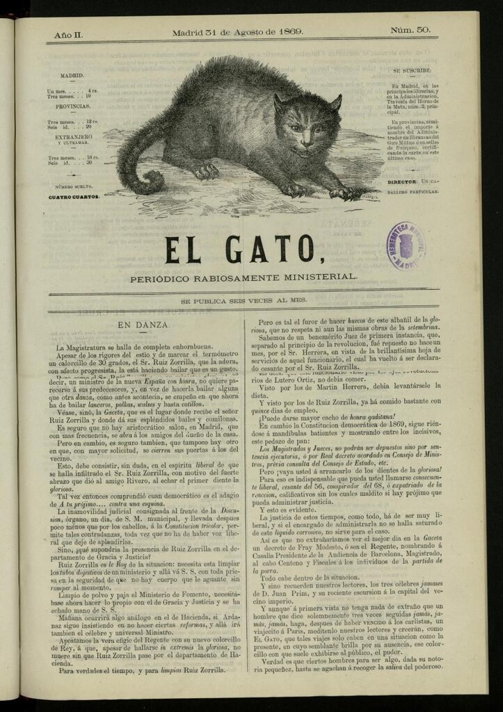 Miniatura de El Gato: periódico ministerial, hasta cierto punto, del 31 de agosto de 1869, nº 50