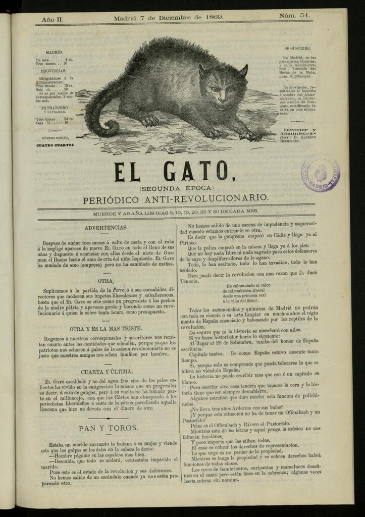 Miniatura de El Gato: periódico ministerial, hasta cierto punto, del 7 de diciembre de 1869, nº 51