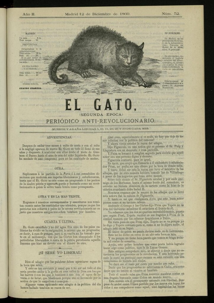 Miniatura de El Gato: periódico ministerial, hasta cierto punto, del 12 de diciembre de 1869, nº 52
