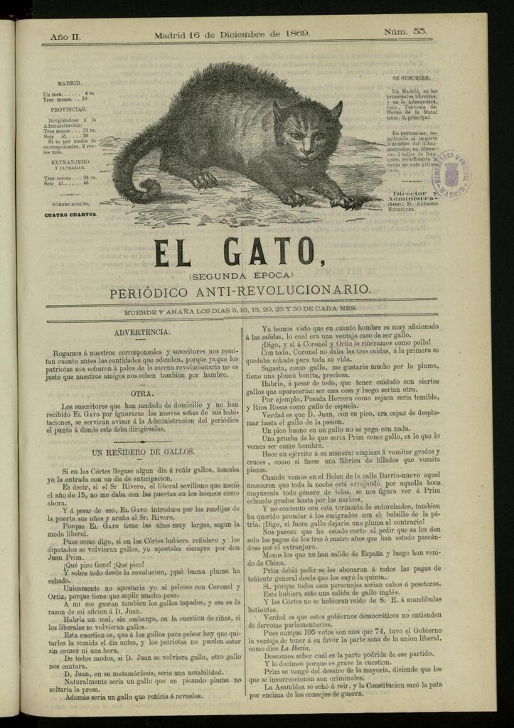 Miniatura de El Gato: periódico ministerial, hasta cierto punto, del 16 de diciembre de 1869, nº 53