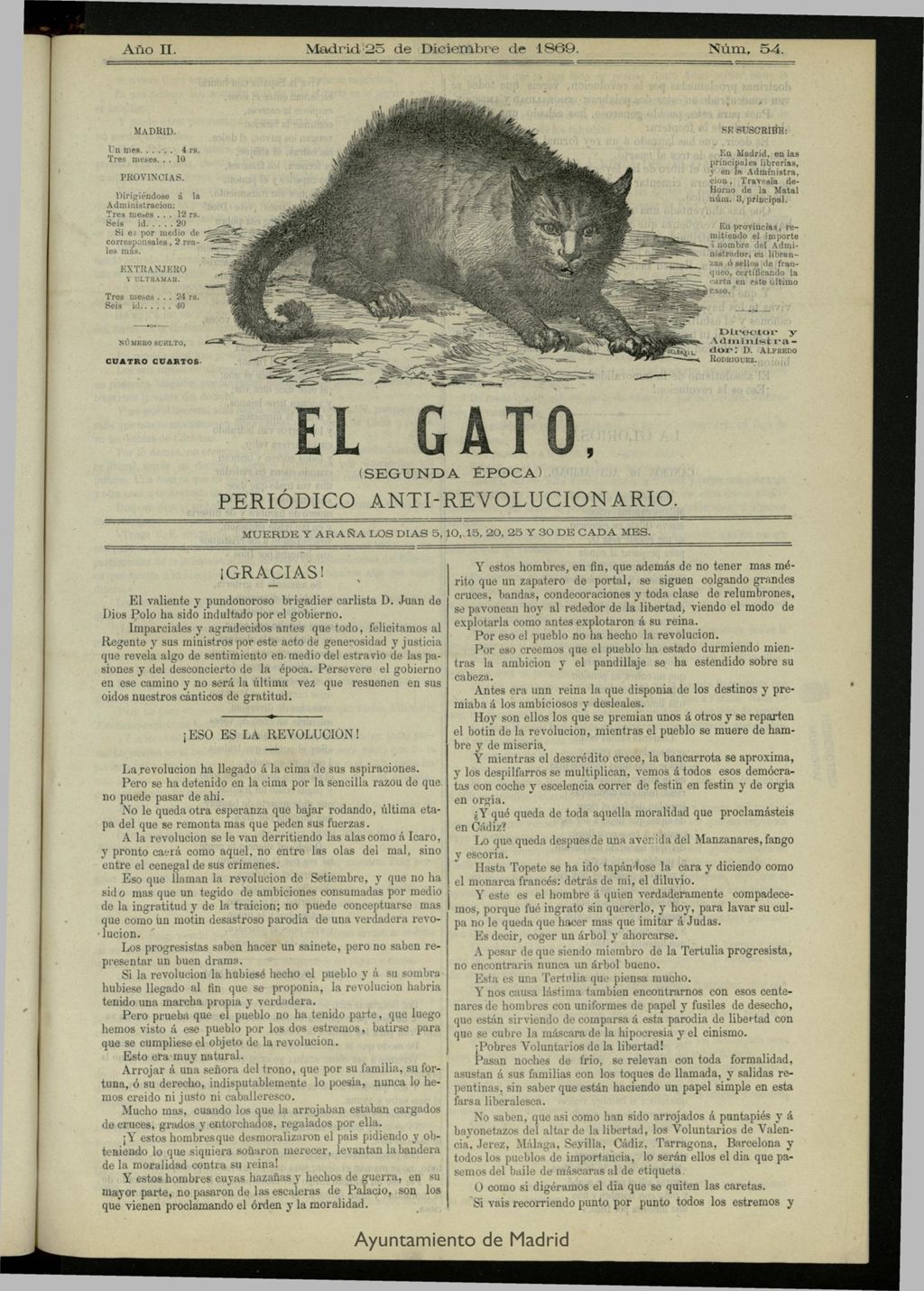 Miniatura de El Gato: periódico ministerial, hasta cierto punto del 25 de diciembre de 1869, nº 54