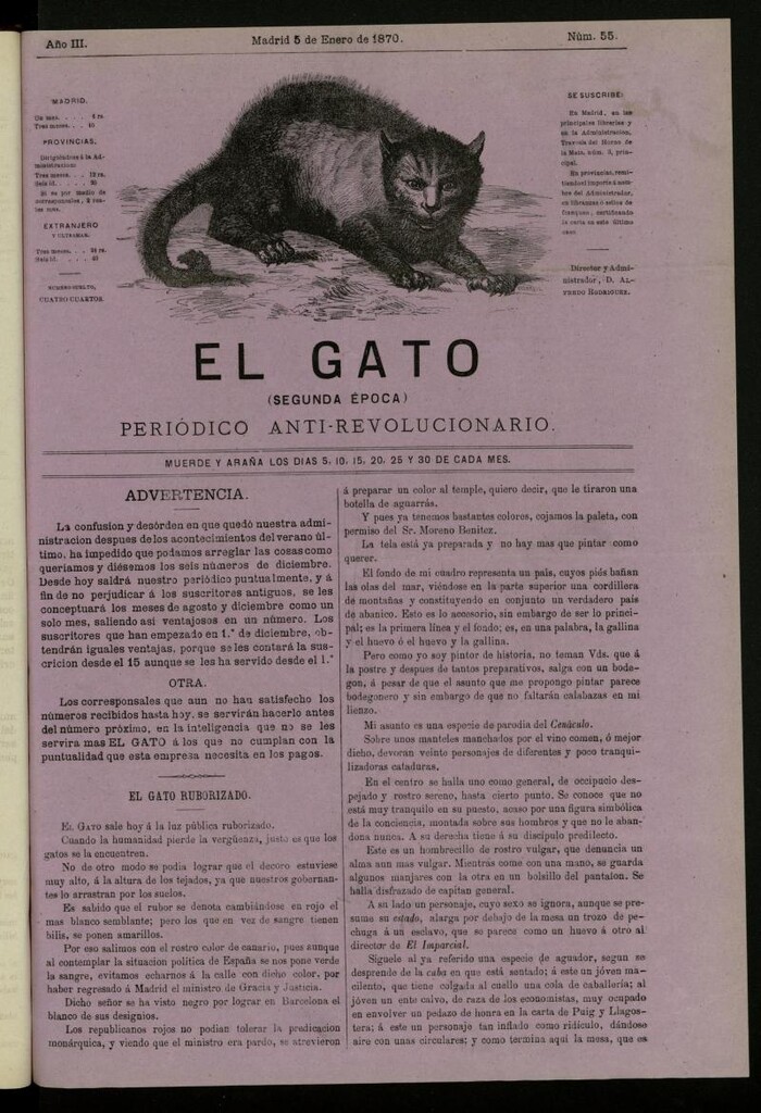 Miniatura de El Gato: periódico ministerial, hasta cierto punto, del 5 de enero de 1870, nº 55