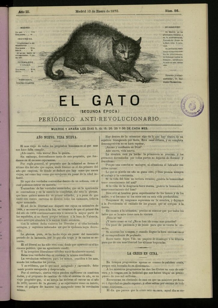 Miniatura de El Gato: periódico ministerial, hasta cierto punto, del 10 de enero de 1870, nº 56