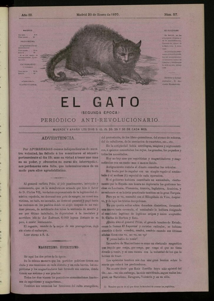 Miniatura de El Gato: periódico ministerial, hasta cierto punto, del 20 de enero de 1870, nº 57
