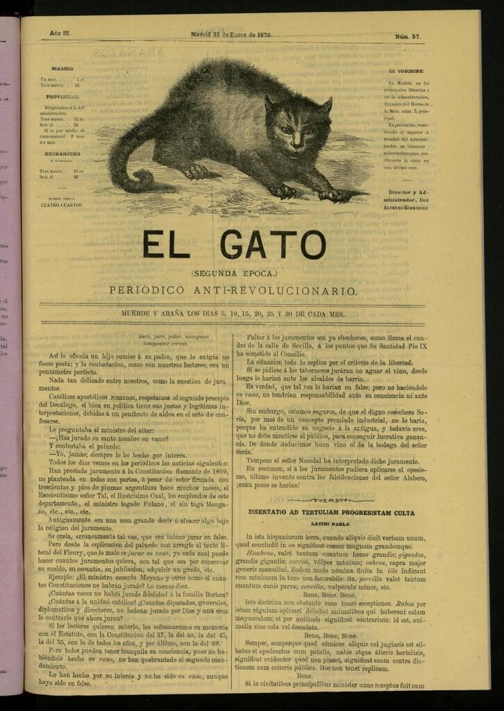 Miniatura de El Gato: periódico ministerial, hasta cierto punto, del 25 de enero de 1870, nº 57 [sic]