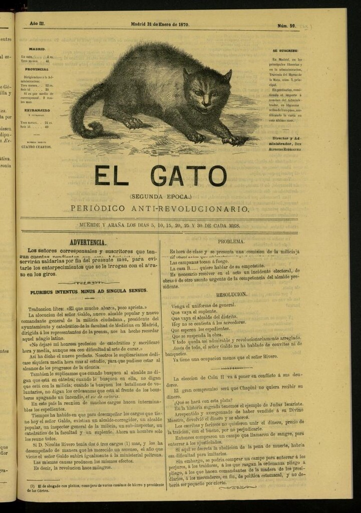 Miniatura de El Gato: periódico ministerial, hasta cierto punto, del 31 de enero de 1870, nº 59